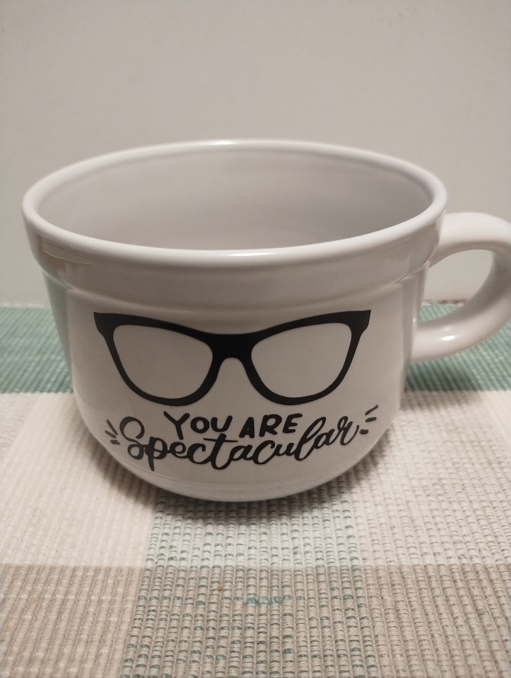 White Ceramic Mug with Black Eyeglasses Graphic and "You Are Spectacular" Text